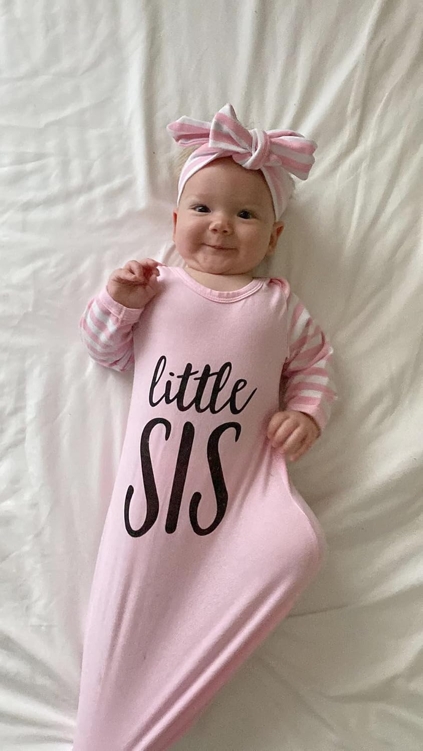 AMAWMW Newborn Baby Girl Little Sister Sleeper Gown Stripe Long Sleeve Nightgown Pajamas Gifts Stuff Essential Outfit