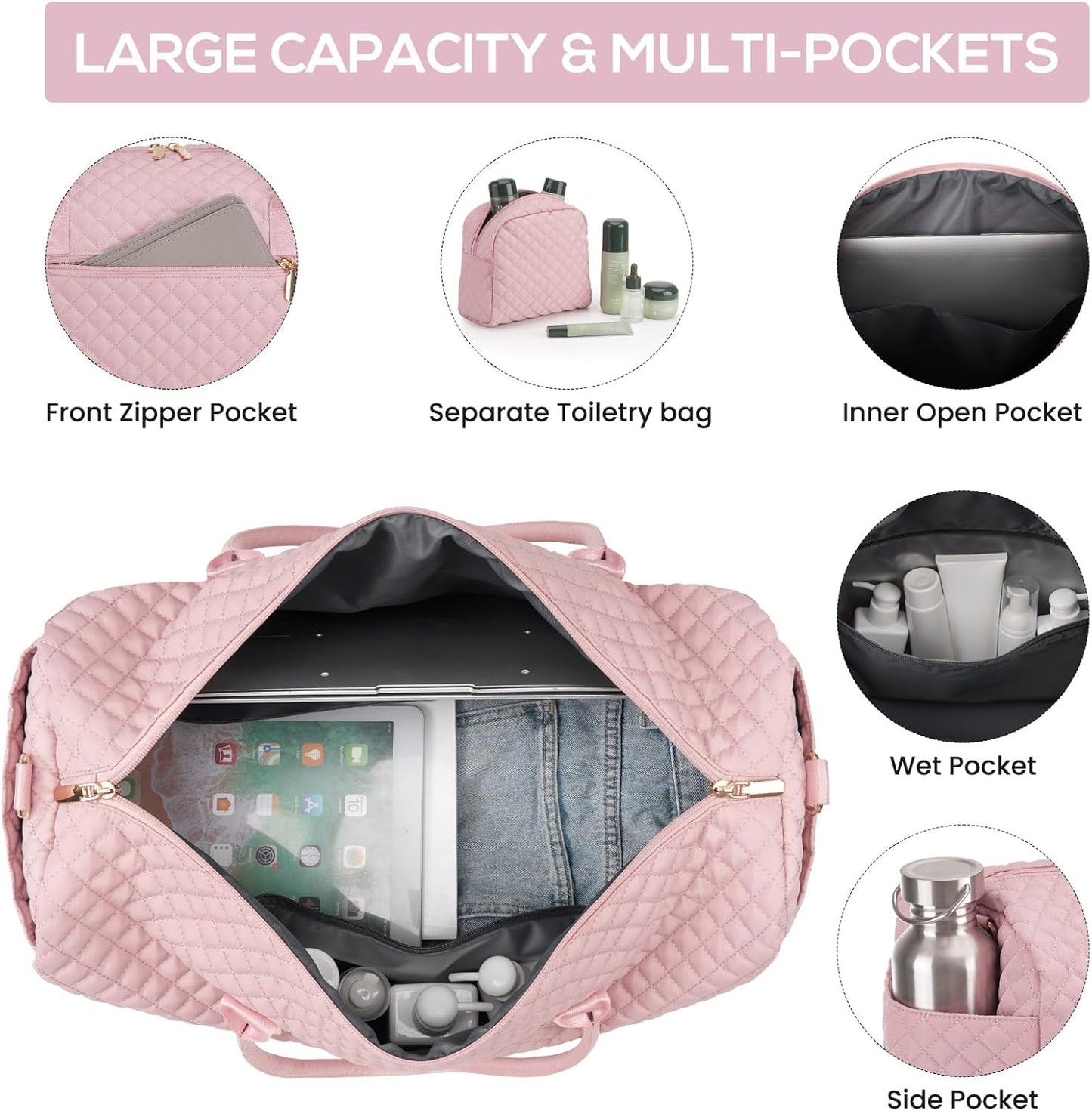 Travel Weekender Bags for Women - Large Duffle Bag with Shoe Compartment Carry On Overnight Bag with Toiletry Bag Pink Duffel Bags with Wet Pocket for Gym Hospital Bags for Labor and Delivery