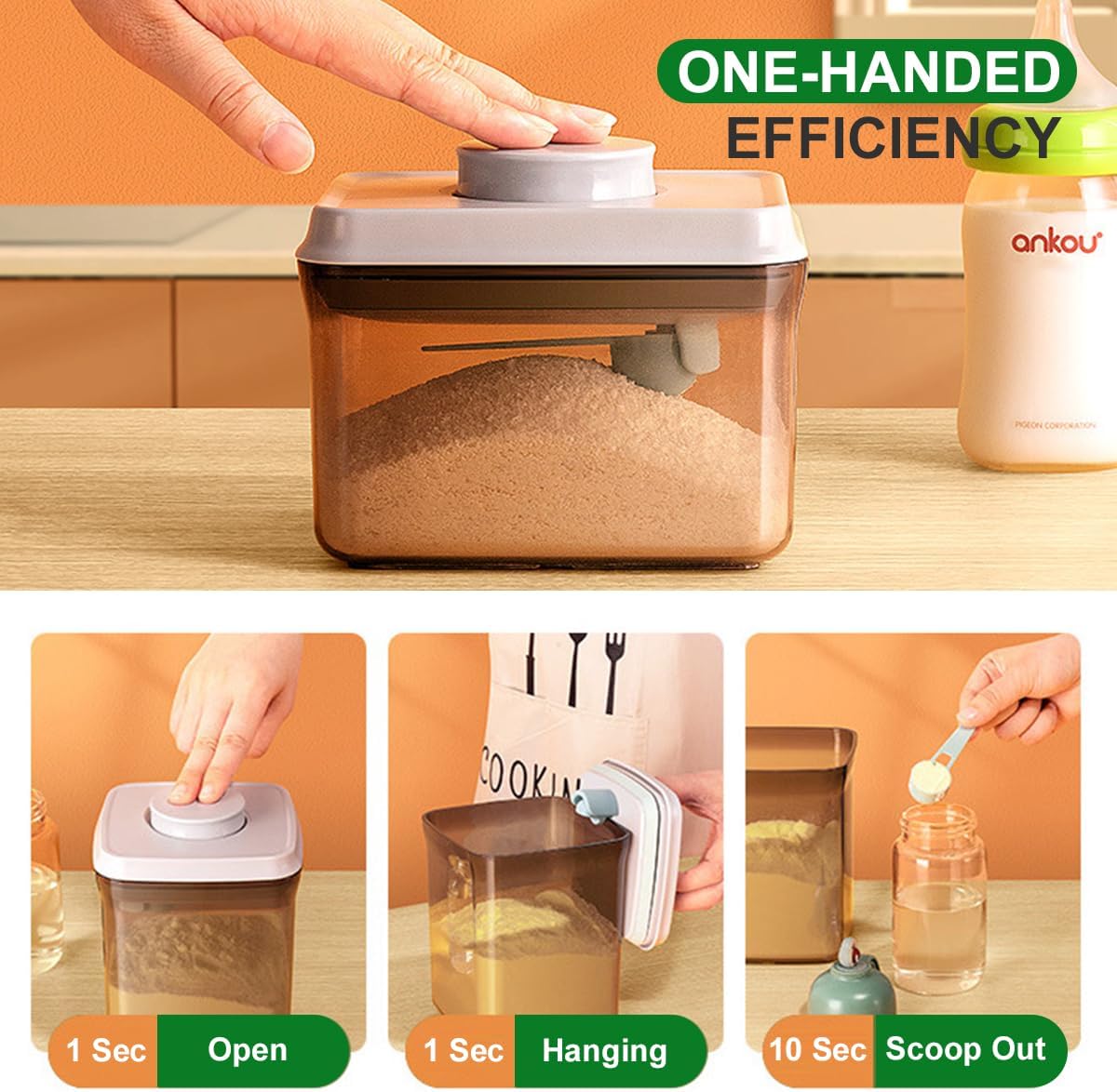 Formula Container, 1700Ml/730g Airtight Formula Dispenser, One Button Handy Pop Up Food Containers Milk Powder Container, BPA-Free Food Storage Containers with Lids, Scoop and Scraper, Dark Brown