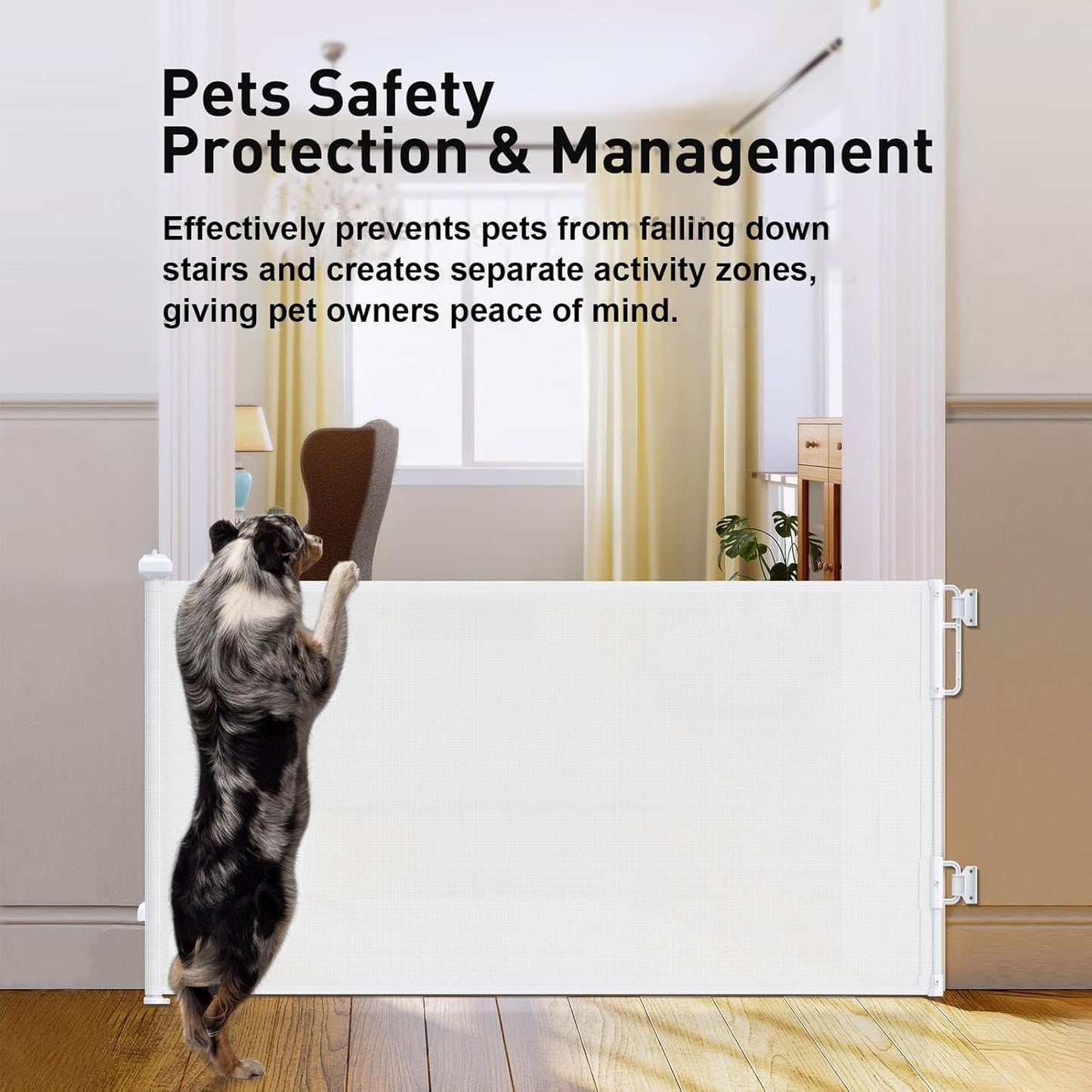 Cumbor 2-Pack Retractable Baby Gates for Stairs, 55" Wide Soft Mesh Pet Gate for Dogs with One Hand Opening, 34" Tall Toddler Gate with Top Lock for Bedroom, Doorways, Indoor/Outdoor, White