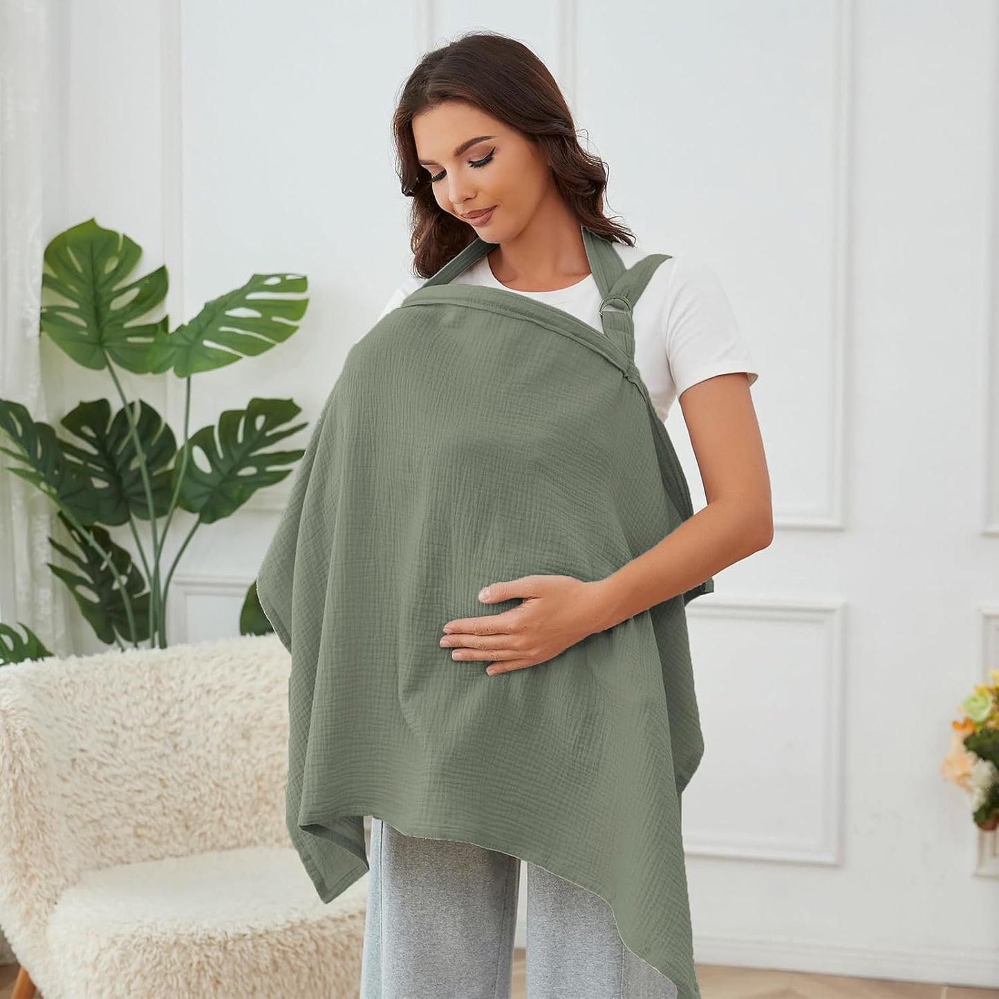 Muslin Nursing Cover for Baby Breastfeeding, Breathable 100% Cotton Breastfeeding Cover with Rigid Hoop for Mother Nursing Apron (Roman Green)