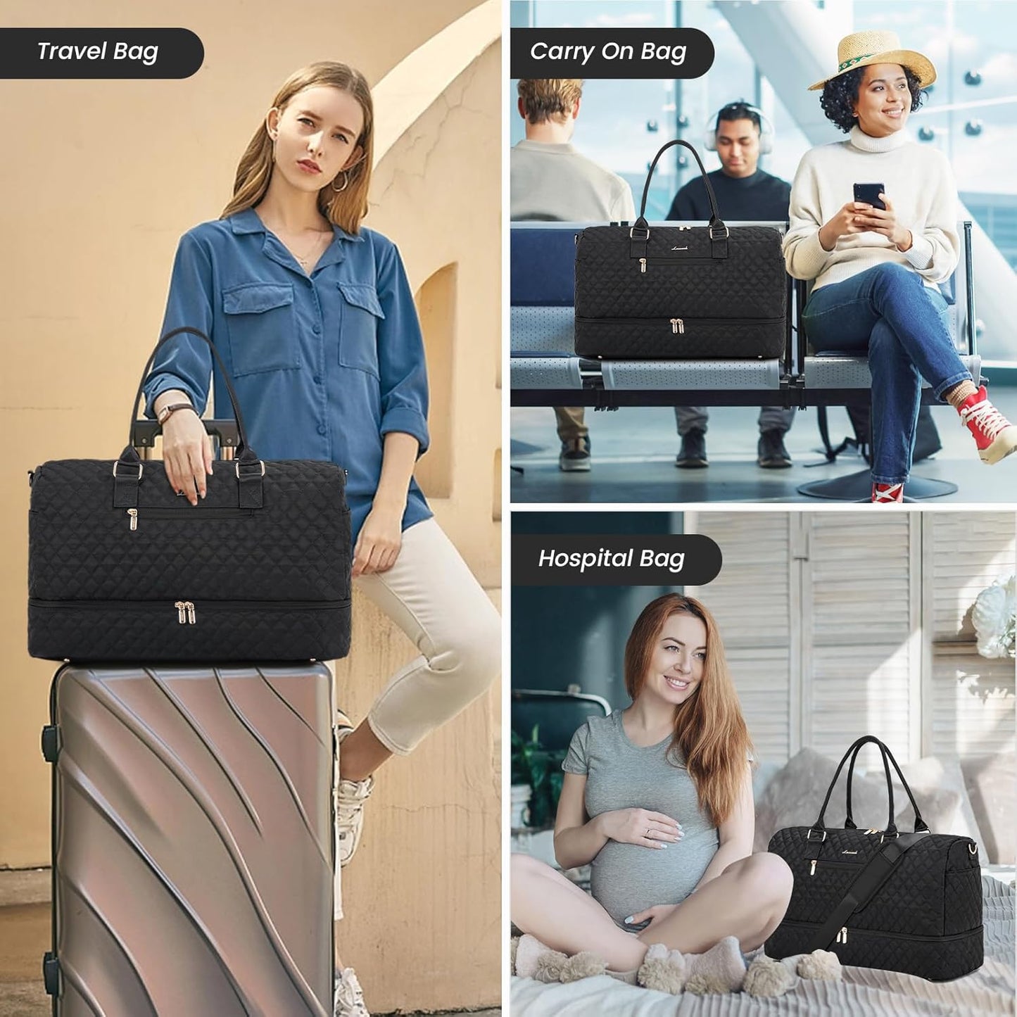 LOVEVOOK Travel Duffle Bag for Women, Weekender Overnight Bag with Shoe Compartment, Carry on Bag with Toiletry Bag, Gym Duffel Bag with Wet Pocket, Hospital Bags for Labor and Delivery 3 Pcs Set