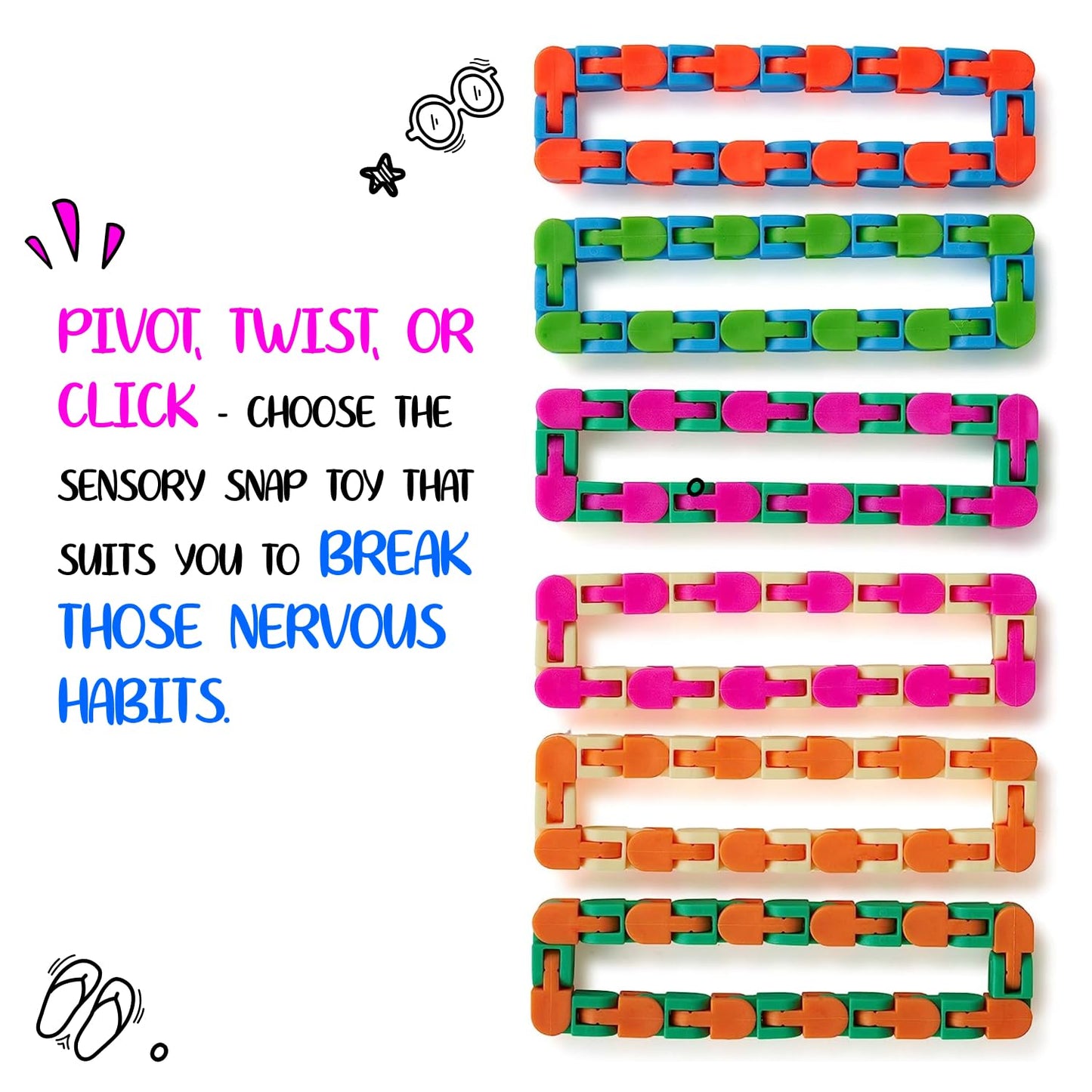 Neliblu Wacky Tracks 6 Pack Sensory Fidget Toys Snap and Click Fidget Cube Puzzles Bulk - ADHD, Autism, Stress Relief Therapy - Fidget Toys for Sensory Kids, Keeps Fingers Busy and Minds Focused