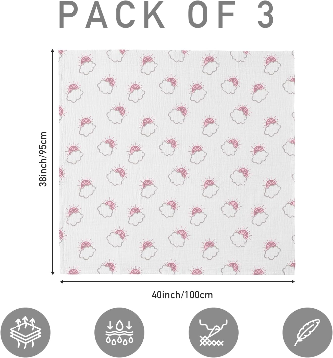 Muslin Swaddle Blankets for Newborn, 3 Pack Breathable Soft Receiving Blanket, Large 38 x 40 inches Swaddle Wrap Burping Clothes Diapers, Essentials Infant Shower Items, Toddler Gift (Clouds & Stars)
