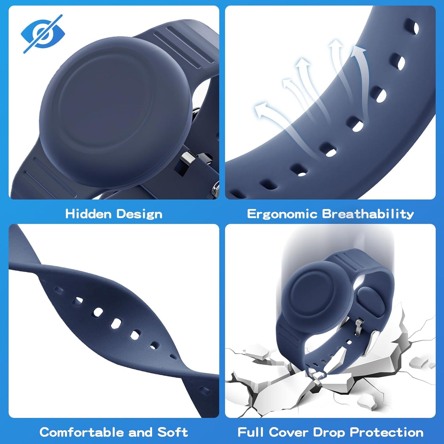 Waterproof Bracelet Compatible with Airtag Case for Kids(2 Pack), Soft Silicone Hidden Wristband, Lightweight GPS Tracker Compatible with Apple Air Tag Watch Band for Child (Grey Blue & Navy Blue)
