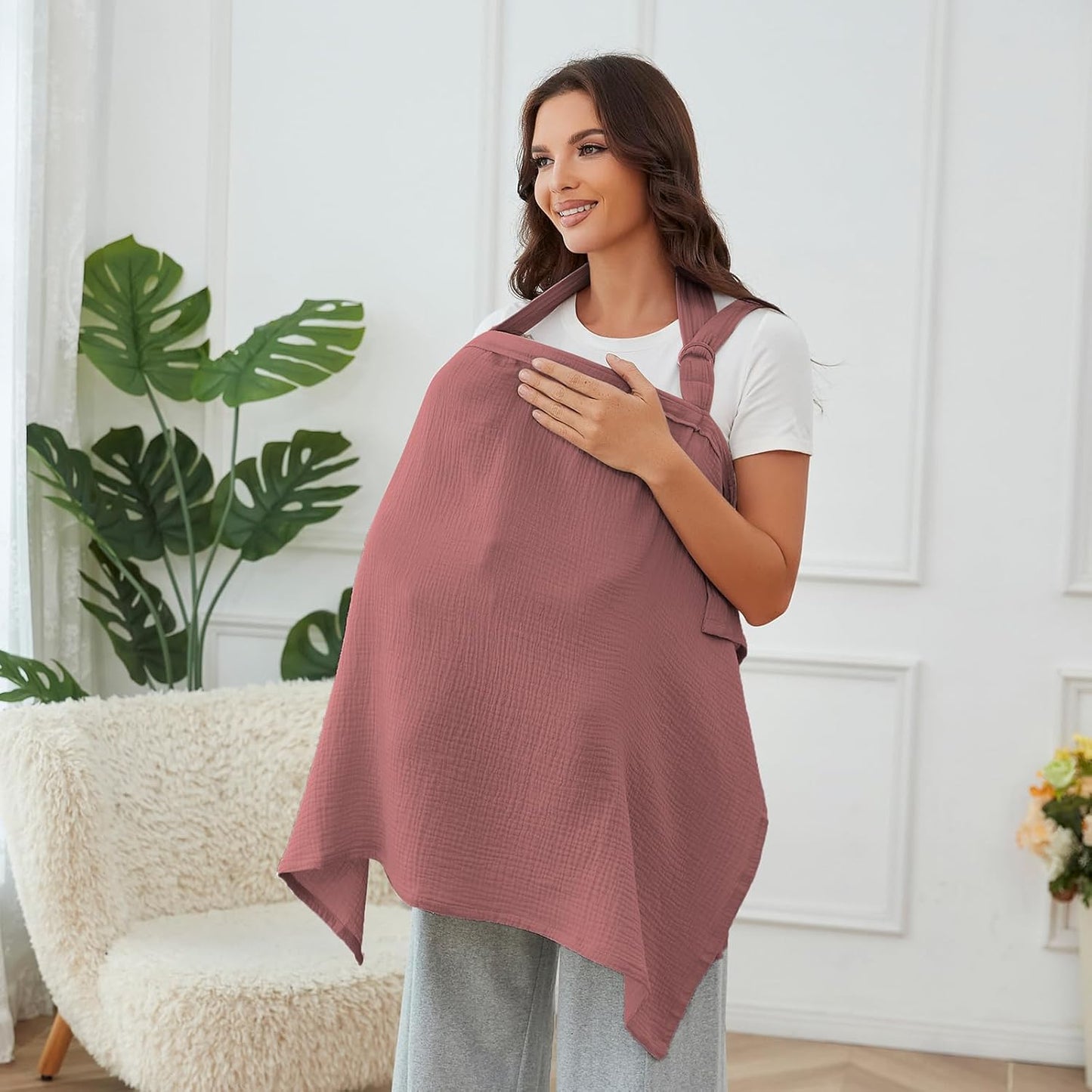 Nursing Cover for Baby Breastfeeding with Rigid Hoop, Breathable Soft 100% Muslin Cotton, Baby Breast Feeding & Pumping Apron (Wine red)