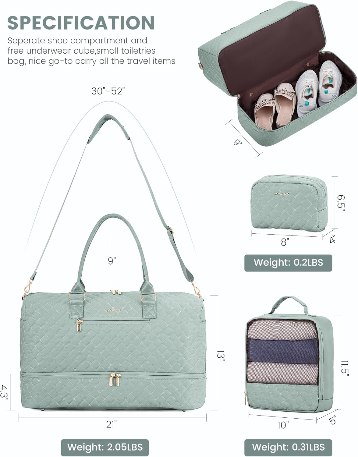 LOVEVOOK Travel Duffle Bag for Women, Weekender Overnight Bag with Shoe Compartment, Carry on Bag with Toiletry Bag, Gym Duffel Bag with Wet Pocket, Hospital Bags for Labor and Delivery 3 Pcs Set