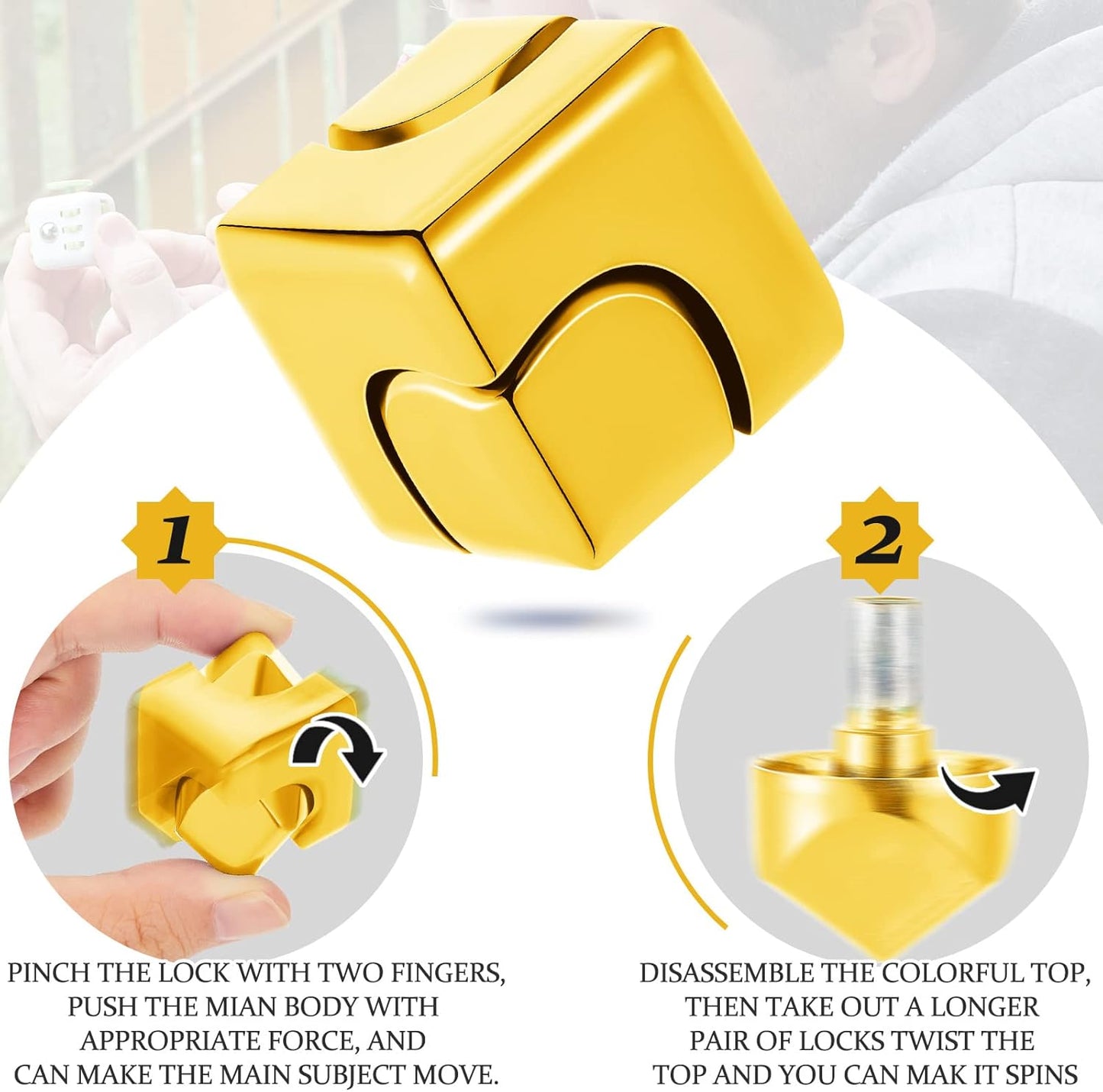 Spinner Anti-Anxiety Toys 4-in-1 Toy Metallic Toy Cube Finger Top Desktop Stress Relieve Toys for Kids and Adults (Light Gold)