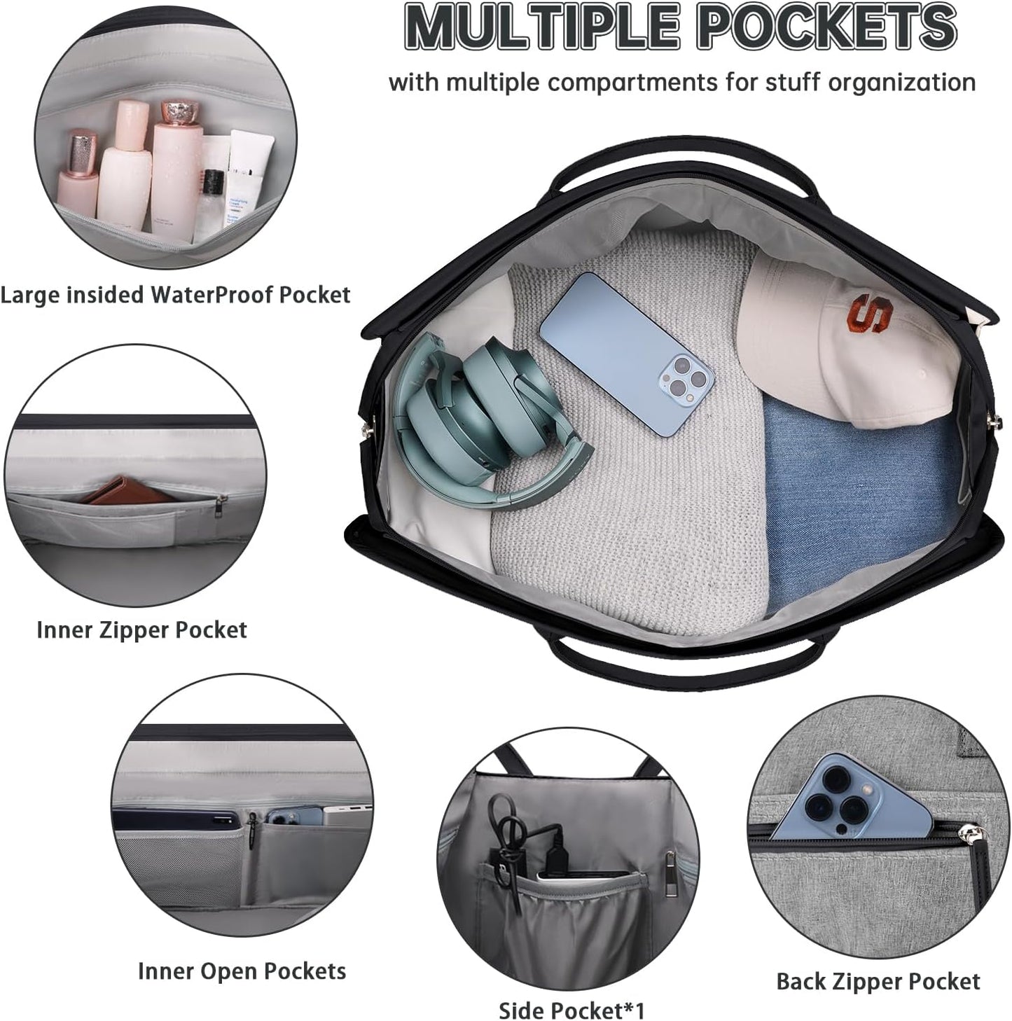 ETRONIK Weekender Overnight Bags for Women, Large Travel Duffle Bags with Shoe Compartment & Wet Pocket, Carry On Gym Bag with Toiletry Bags for Hospital 3 Pcs Set, Large Size, Black-Grey