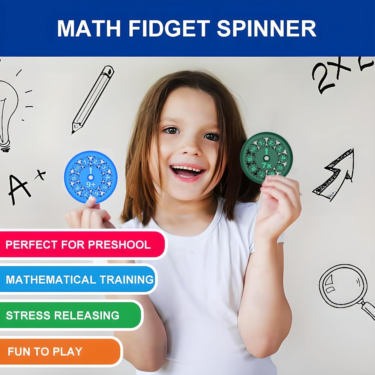Math Fidget Spinners - 3D Printed, Educational Math Fact Fidget Spinner Toy - Learn Addition & Subtraction - Perfect for Kids, Stimmers & Fidgeters (9pcs)