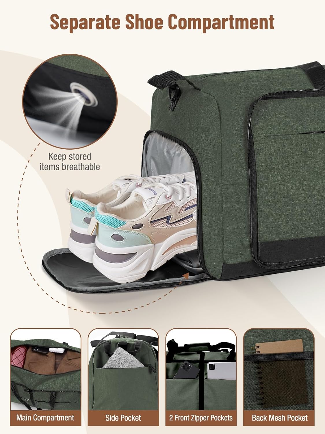 Lekesky Foldable Travel Duffel Bag for Women, 80L Large Duffle Bag with Separate Shoes Compartments & Straps, Carry On Weekend Bag for Women, Hospital, Overnight(Green)