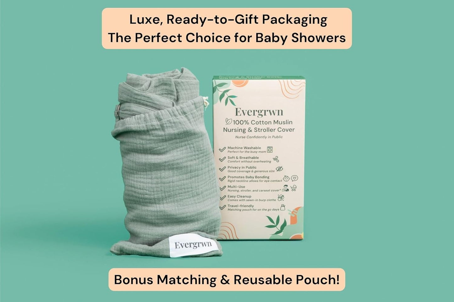 Superior Design Evergrwn Multi-use Privacy Nursing Cover Up for Breastfeeding, 100% Cotton Breathable Nursing Cover with Arch Neckline, Muslin Breastfeeding Cover, Baby Essentials (Sage Green)