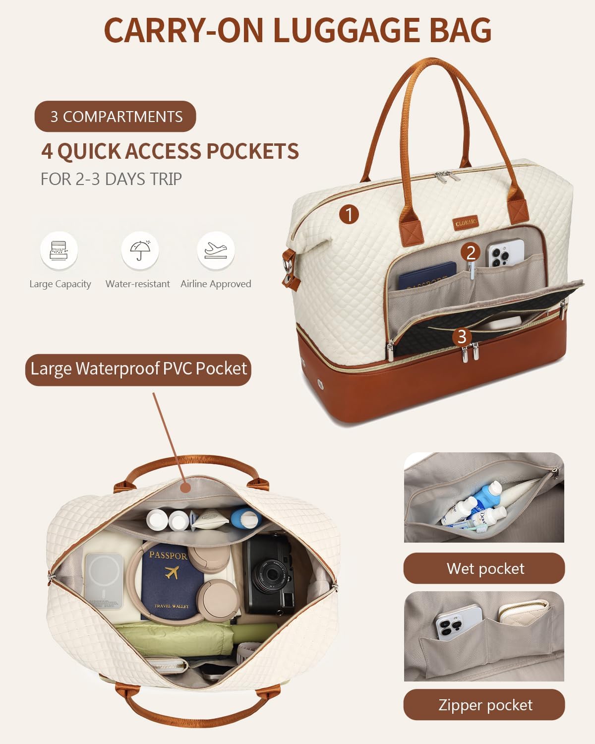 Weekender Bags for Women, Travel Duffle Bag Carry On Overnight Bag with Cosmetics Bag and Crossbody Purse for Gym Hospital, Gifts for Women, Beigeblack Brown