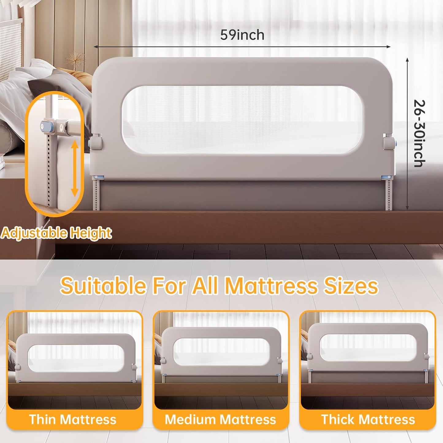 Baby Bed Guard Rail for Toddler - 59in Adjustable Heights, Swing Down Bedrail, Extra Tall Child Safety Side Railing Guards for Kids - Toddler Bed Rail for Queen, King, Twin, and Bunk Size Beds - Full