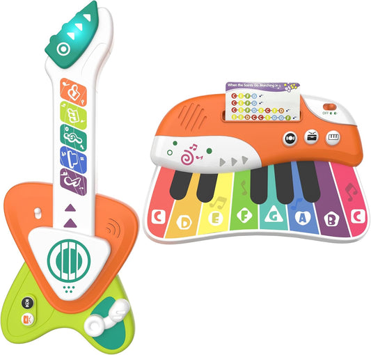 Toddler Baby Guitar Piano Keyboard for 1-3, Touch Baby Piano Guitar Toy for 1 Year Old Musical Toy w/ 3 Modes, Light, Melodies, Music Cards, Adjustable Volume, Birthday Gift for 10–18 Mos &1–3 Yrs Old
