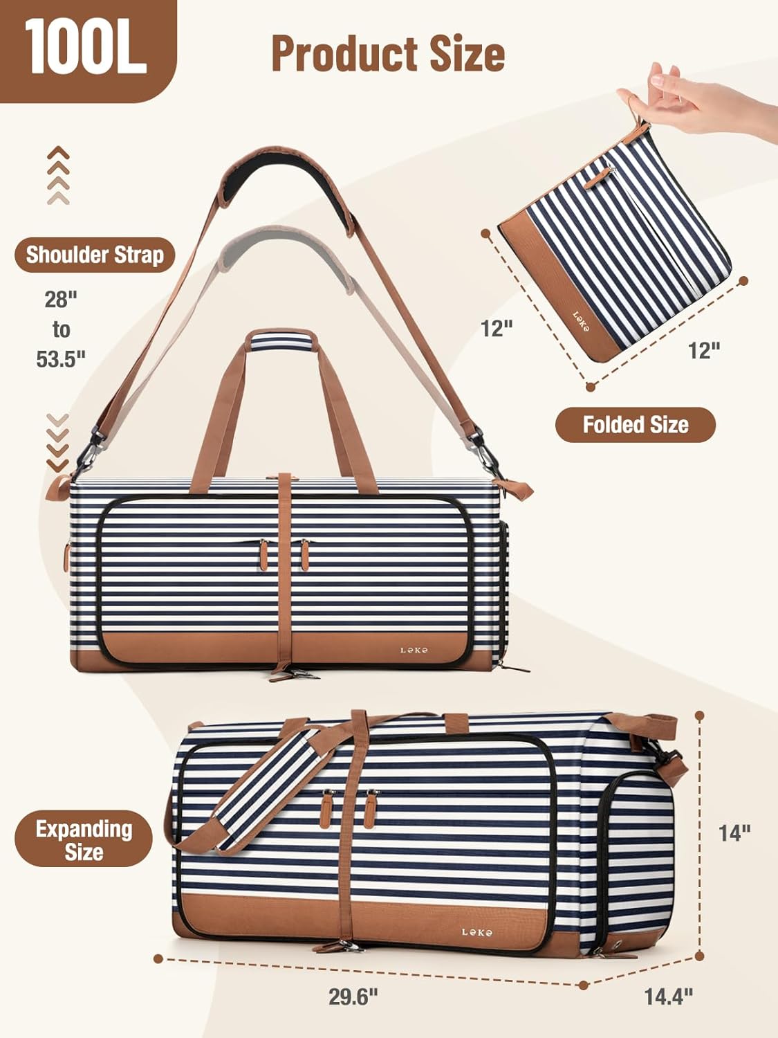 Lekesky Foldable Travel Duffle Bag for Women, 100L Large Duffel Bag with Separate Shoes Compartments & Straps, Carry On Weekend Bag for Women, Hospital, Overnight (Blue Stripes)