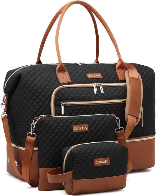 Weekender Bags for Women, Travel Duffle Bag Carry On Overnight Bag with Cosmetics Bag and Crossbody Purse for Gym Hospital, Gifts for Women, Black Brown