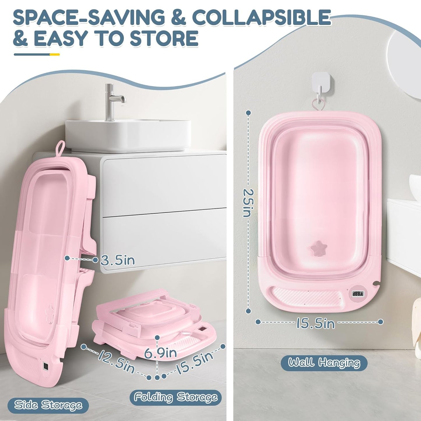 Collapsible Baby Bathtub,Baby Bath Tub with Thermometer & Soft Cushion,Baby Bathtub for Newborn to Toddler 0-36 Months,Portable Travel Baby Tub with No-Slip Feet,Baby Shower Gifts,Pure Pink