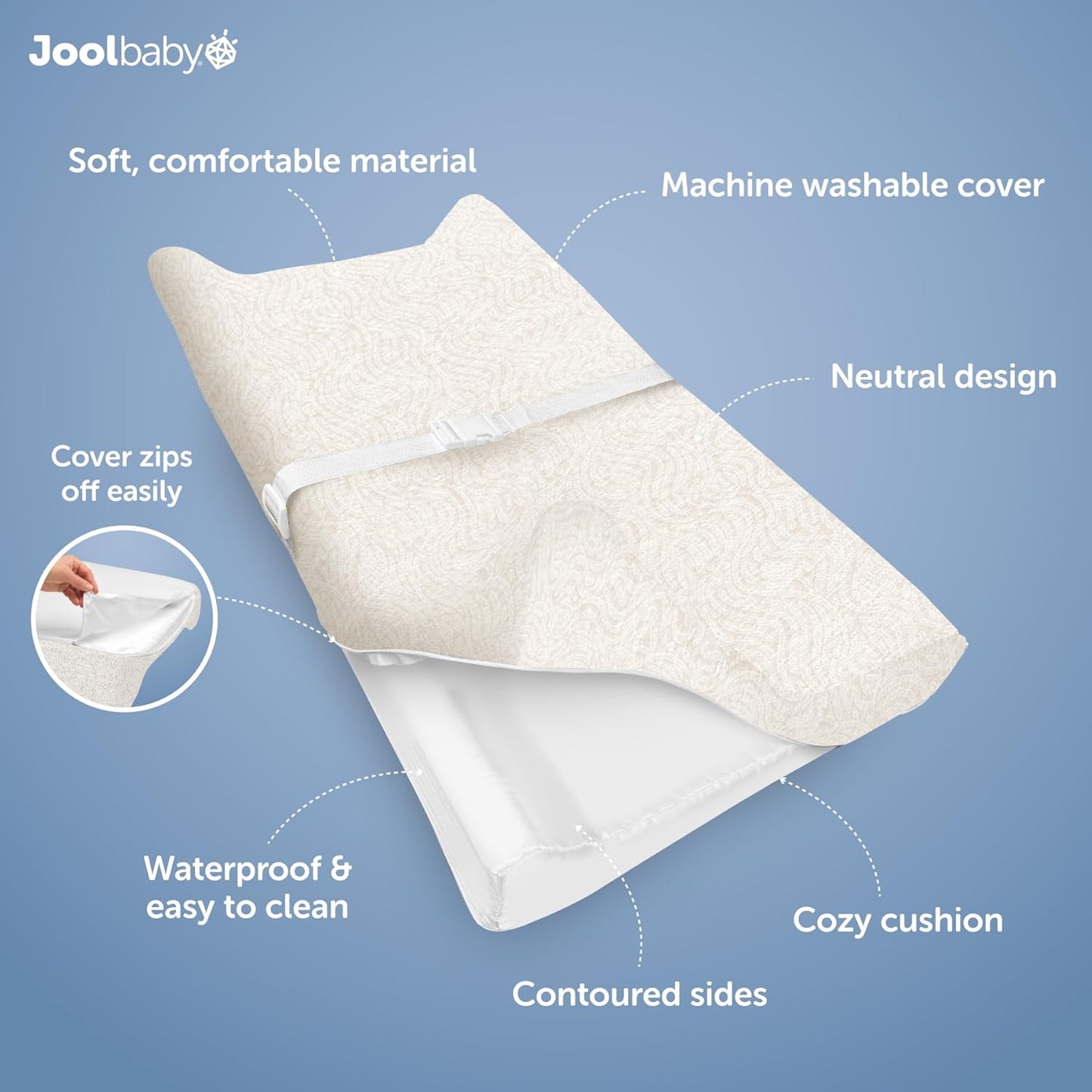 Jool Baby Soft Changing Pad + Washable Cover, Non-Slip - Fits Standard Changing Tables & Dressers (Off-White/Wave)