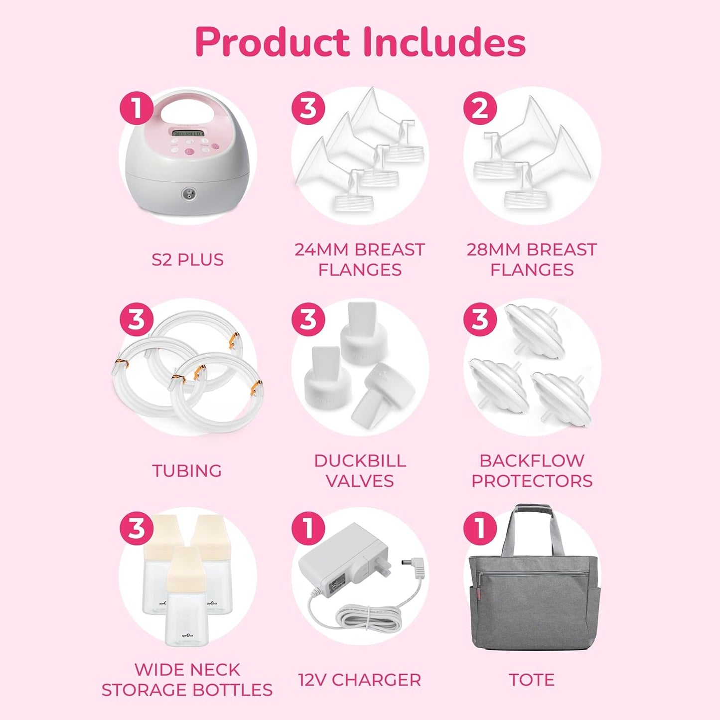 Spectra Baby S2 Plus Premier Electric Breast Pump with Grey Tote Premium Accessory Kit - 24 mm