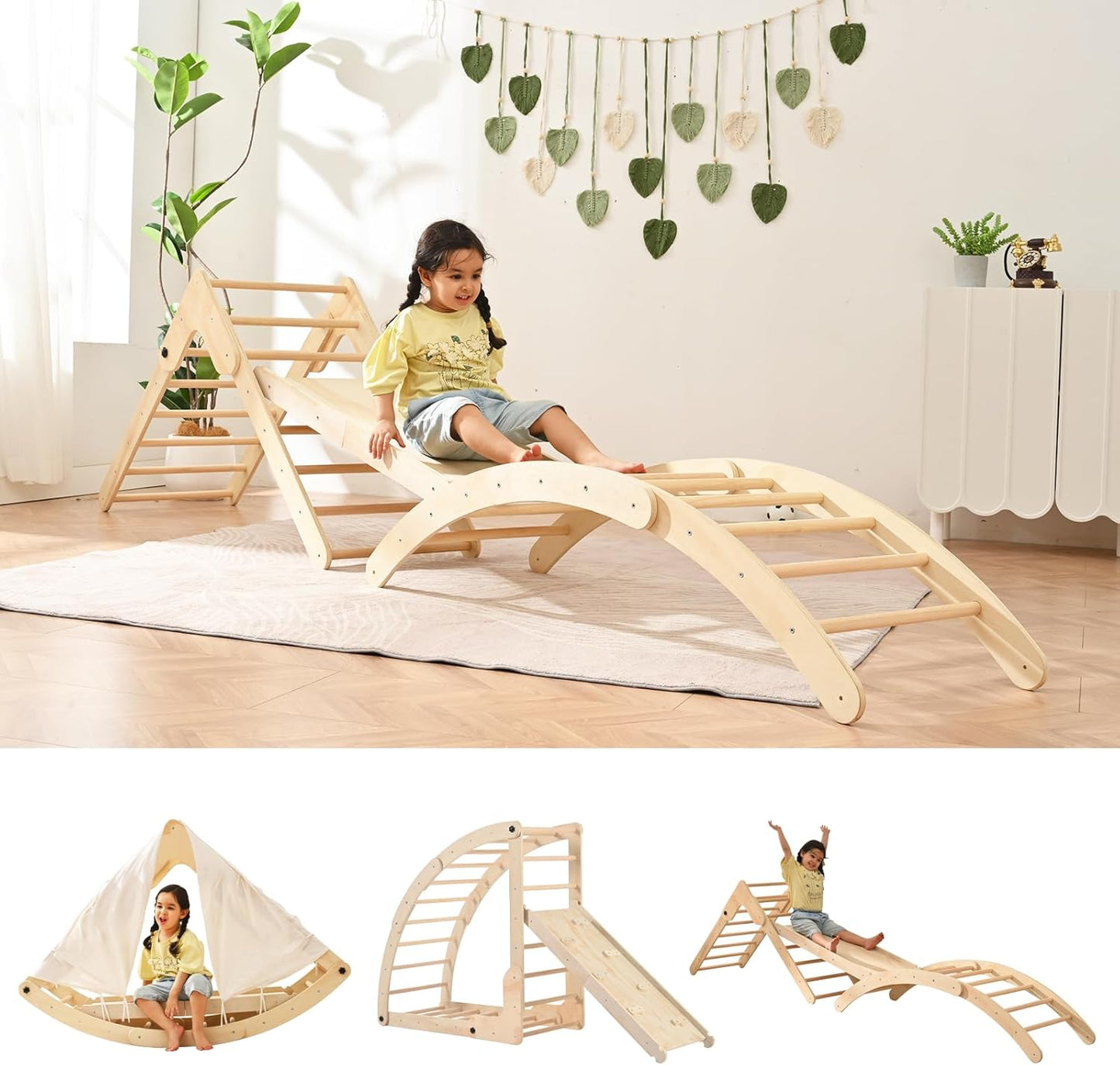 Climbing Toys for Toddlers Inside, Pikler Triangle Set with Rocker and Slide 8 in 1, Montessori Toys Toddler Climbing Toys Indoor, Baby Climbing Gym, Wooden Playground for Kids