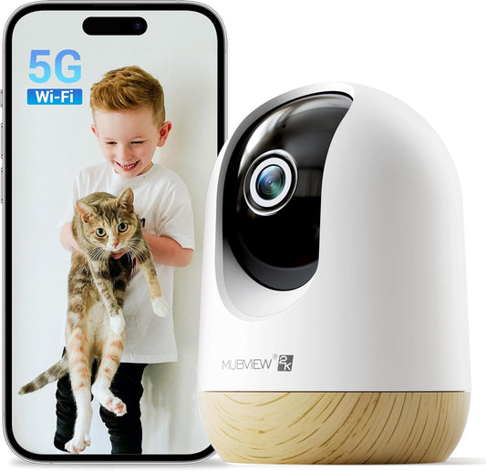 MUBVIEW 5G WiFi Indoor Security Camera No Subscription, Pet Camera with Phone App, Baby Monitor WiFi Smartphone, 2K Night Vision Pan-Tilt Dog Cam, Auto Tracking, 2-Way Audio, SD or Cloud Storage