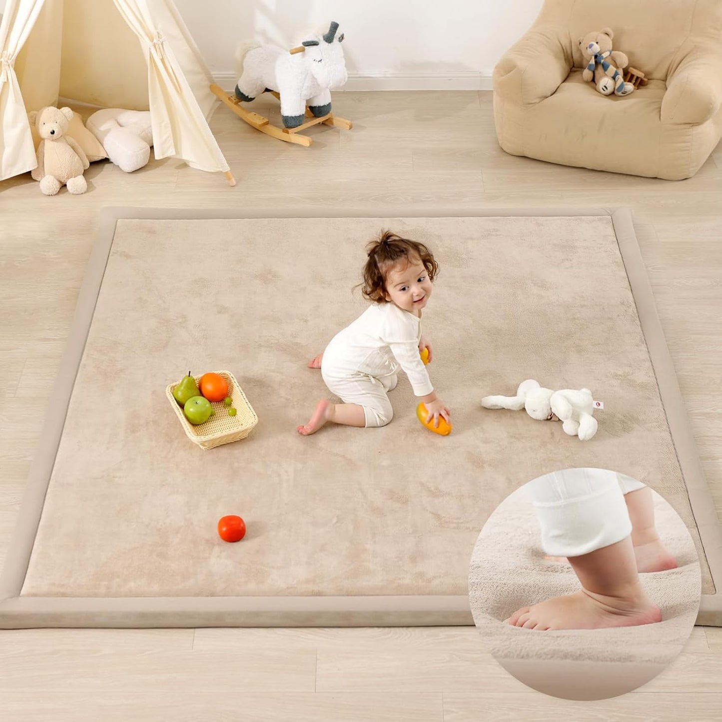 Ultra Soft Baby Play Mat,1.3" Thick Elasti-Foam Tummy Time Mat for Infants,Toddlers,Kids,Water-Repellent Coral Fleece Nursery Rug,Non-Slip Safe for Crawling&Hardwood Floors(Beige)