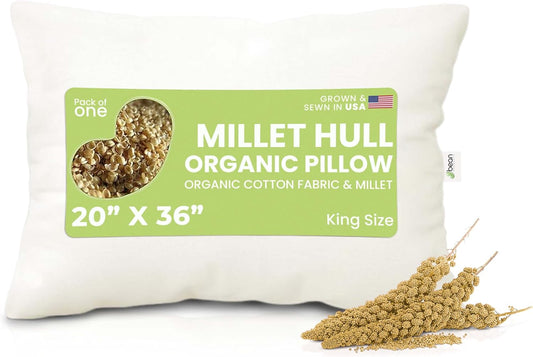 Bean Products 20" x 36" King Bed Pillow for Sleeping – Organic Millet Fill with Organic Cotton Fabric, Soft Head Pillow – Eco-Friendly, Breathable, and Durable Sleep Aid, Made in The USA