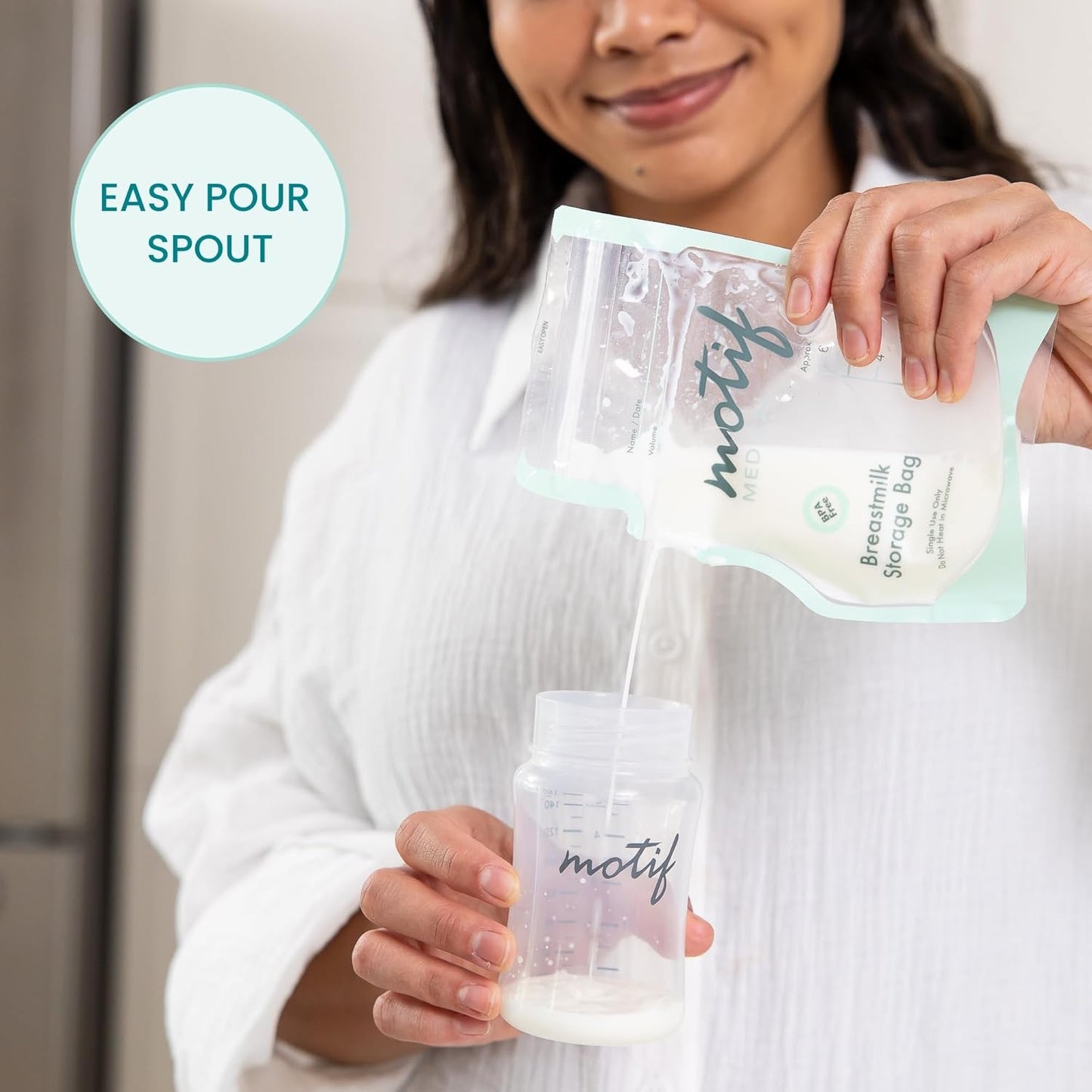 Motif Medical Breastmilk Storage Bags - Freezer Bag w/Easy Pour Spout, Write-On Label - Leak-Proof Double Zipper Milk Bags for Breastmilk - Ideal Breastfeeding Mom Gifts (6 oz, 90 Count)