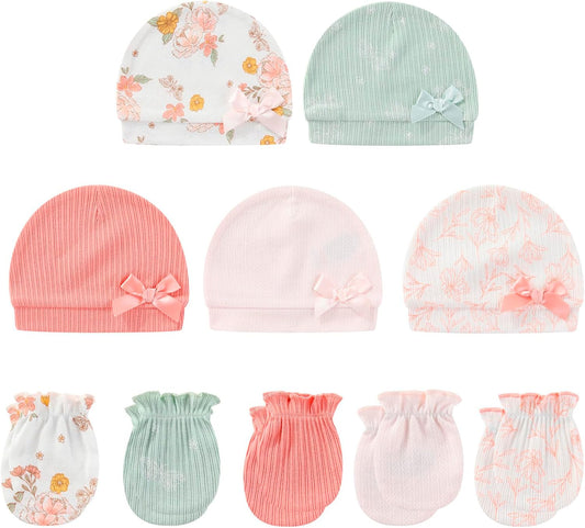 Baby Hat and Mittens Set Cotton Newborn Baby Hats Caps for Boys and Girls, 0-6 Months
