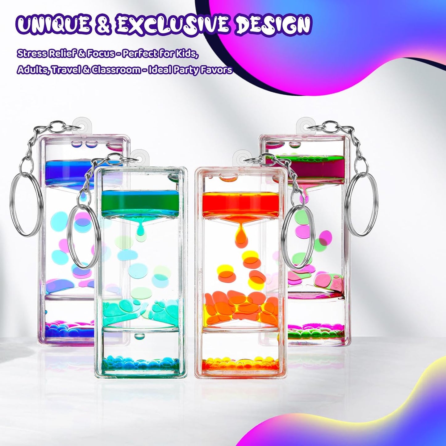 Sensory Fidget Keychain - Vibrant 4-Pack Liquid Motion Bubblers for Stress Relief & Focus - Perfect for Kids, Adults, Travel & Classroom - Ideal Party Favors (4 Pcs Keychain)