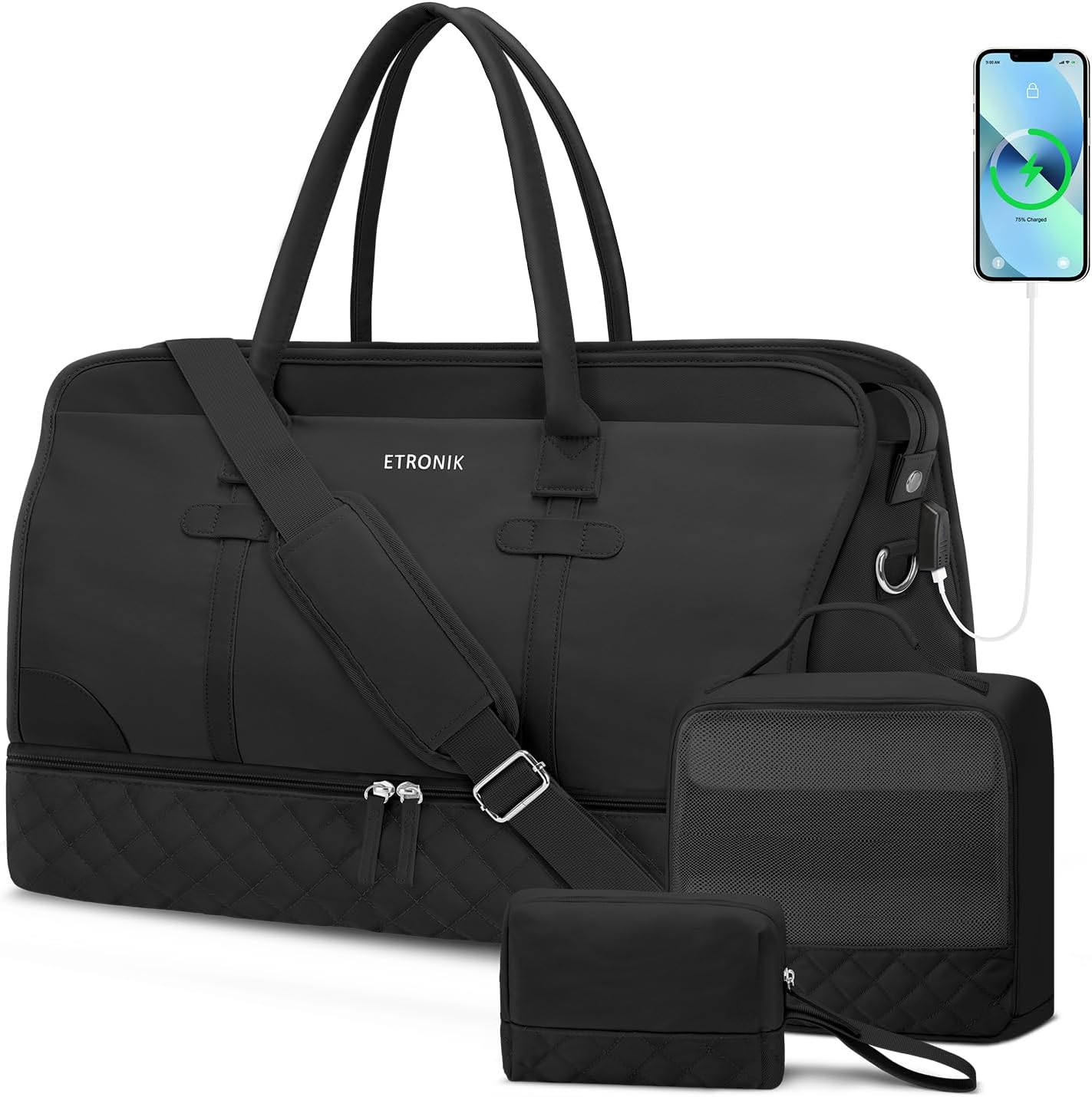 ETRONIK Weekender Overnight Duffle with Shoe Compartment & Wet Pocket, Carry On Gym Bag for Travel & Hospital, XL Black