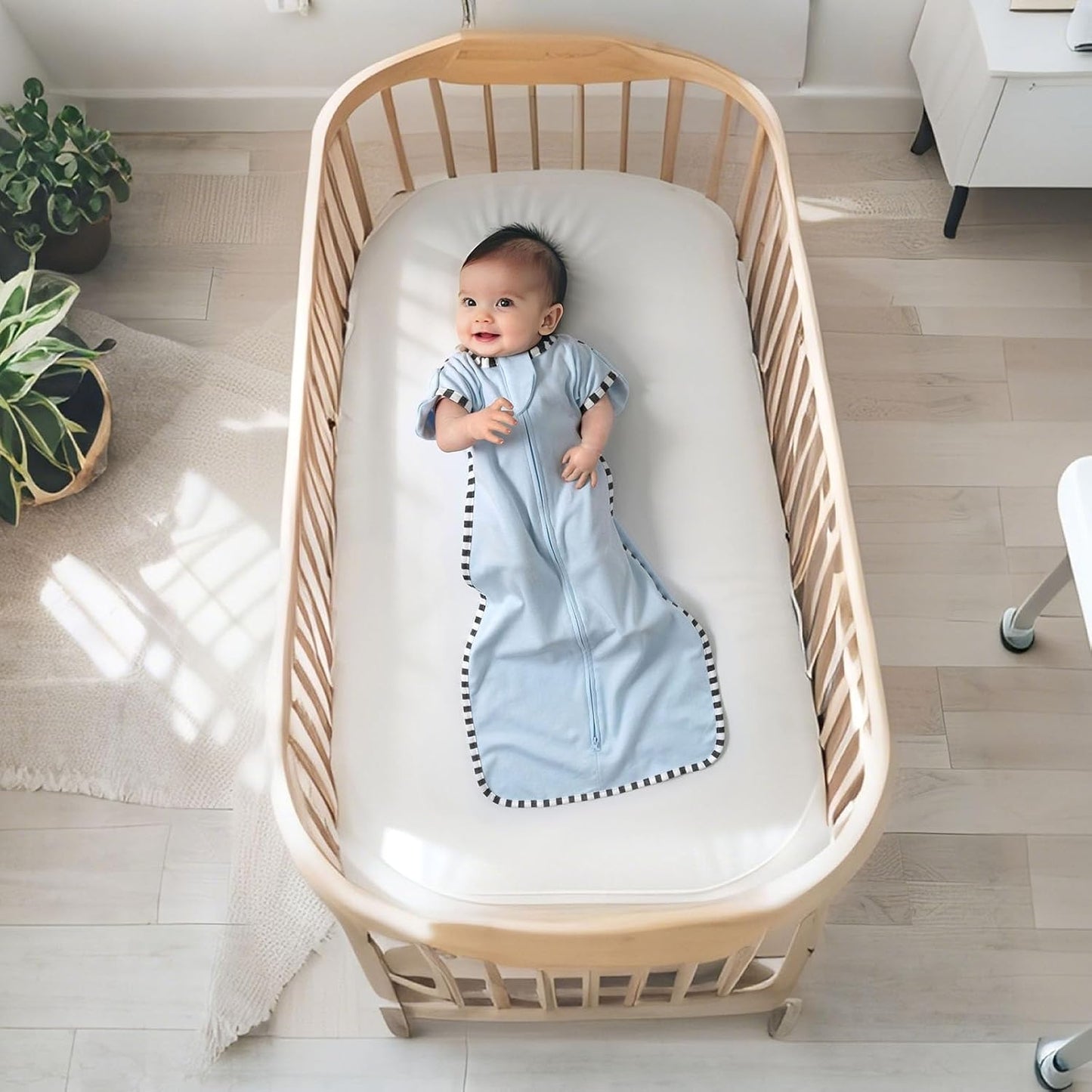 Transition Swaddle, 2 Pack 100% Cotton Baby Sleep Sack, 2-Way Zipper Infant Arm Up Swaddle for Newborn Baby Boys Girls (Blue + Green, S(0-3 Months))