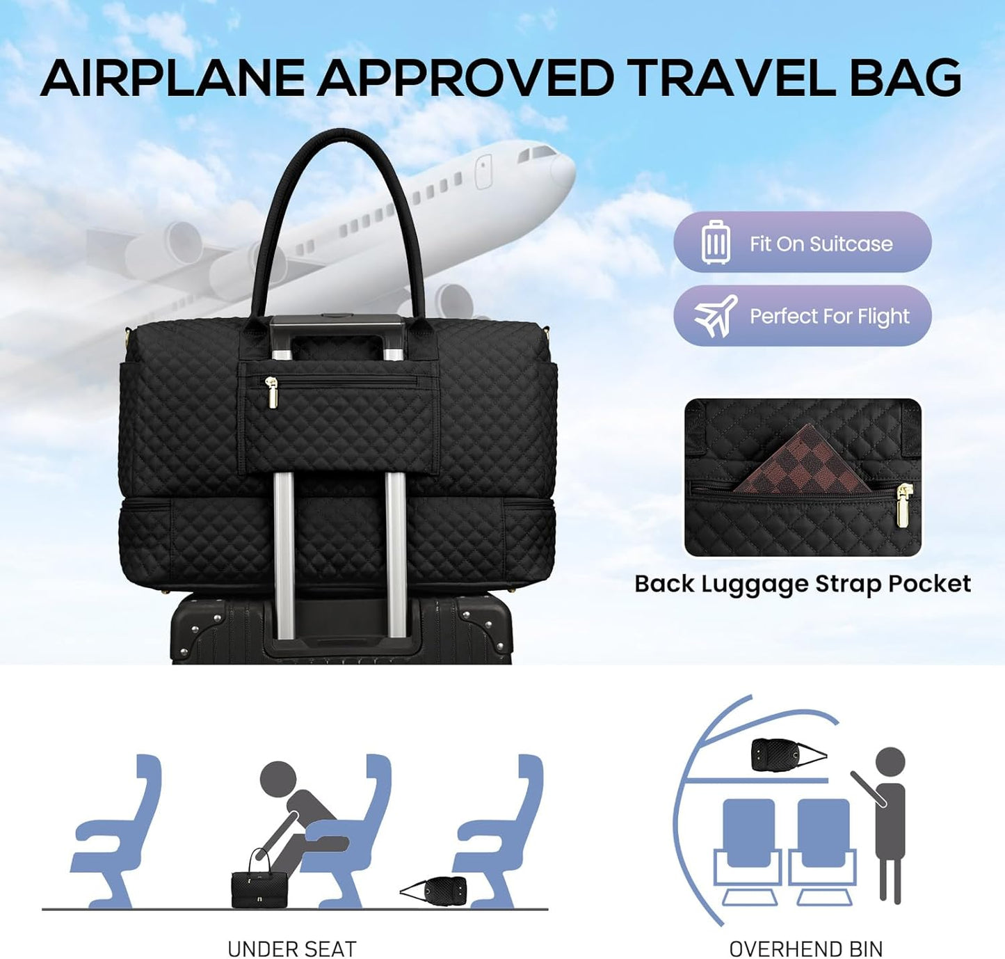 Travel Weekender Duffle Bag for Women - Overnight Bag with Shoe Compartment Carry on Bag with Toiletry Bag Gym Duffel Bag with Wet Pocket Hospital Bags for Labor and Delivery 3 Pcs Set Black