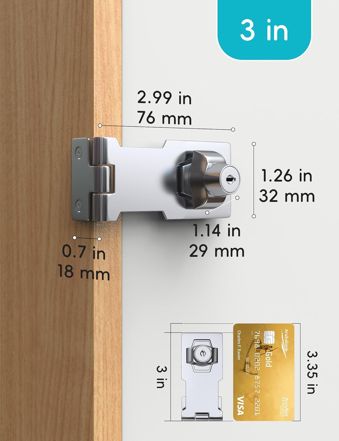 3 Inch Keyed Hasp Lock for Cabinets & Small Doors, Twist Knob Design, Heavy Duty Zinc Alloy with Chrome-Plated Iron, Includes Keys & Screws, Silver