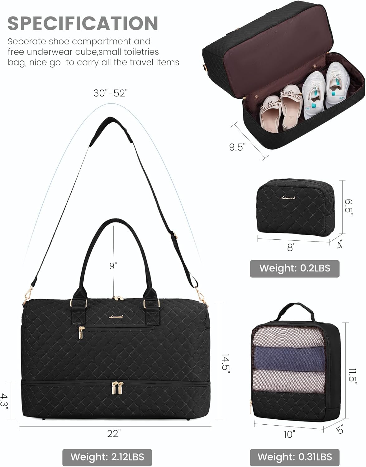 LOVEVOOK Travel Duffle Bag for Women, Weekender Overnight Bag with Shoe Compartment, Carry on Bag with Toiletry Bag, Gym Duffel Bag with Wet Pocket, Hospital Bags for Labor and Delivery 3 Pcs Set