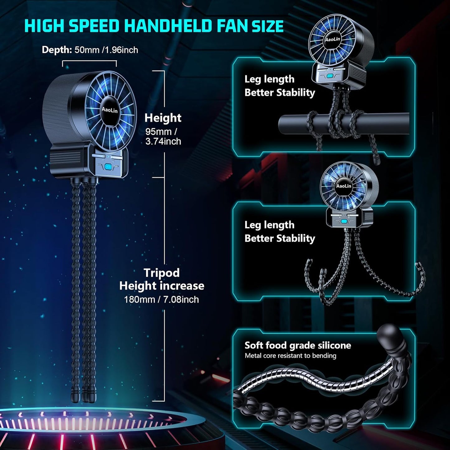 2 Pack Multifunctional Portable Stroller Fan 4 Speed 6600rpm High Speed Usb Rechargeable Personal Mini Handheld Fan Extended Tripod For Desktop Winding Kids Bed Treadmill Bike Golf Cart Outdoor Travel