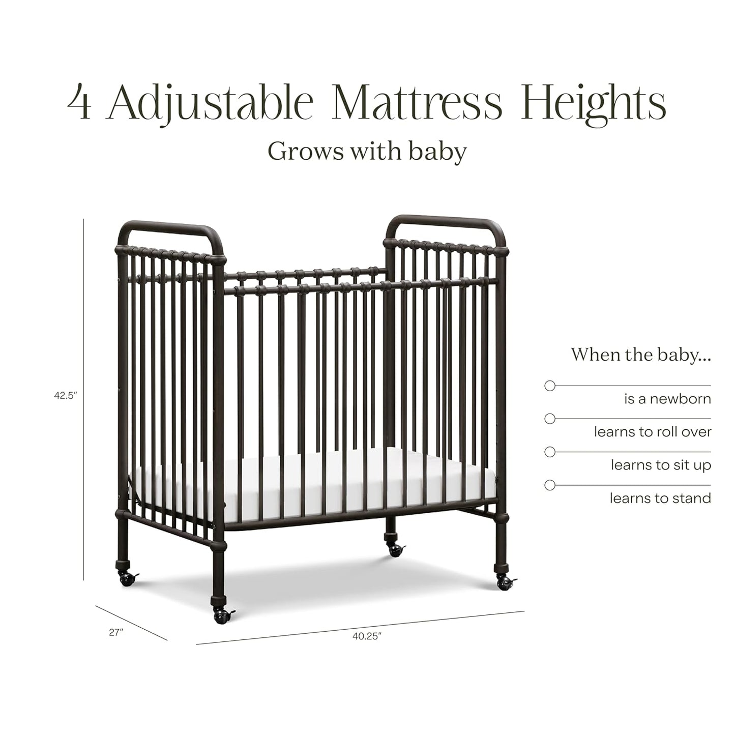 NAMESAKE Abigail 3-in-1 Convertible Mini Metal Crib in Vintage Iron, Greenguard Gold Certified