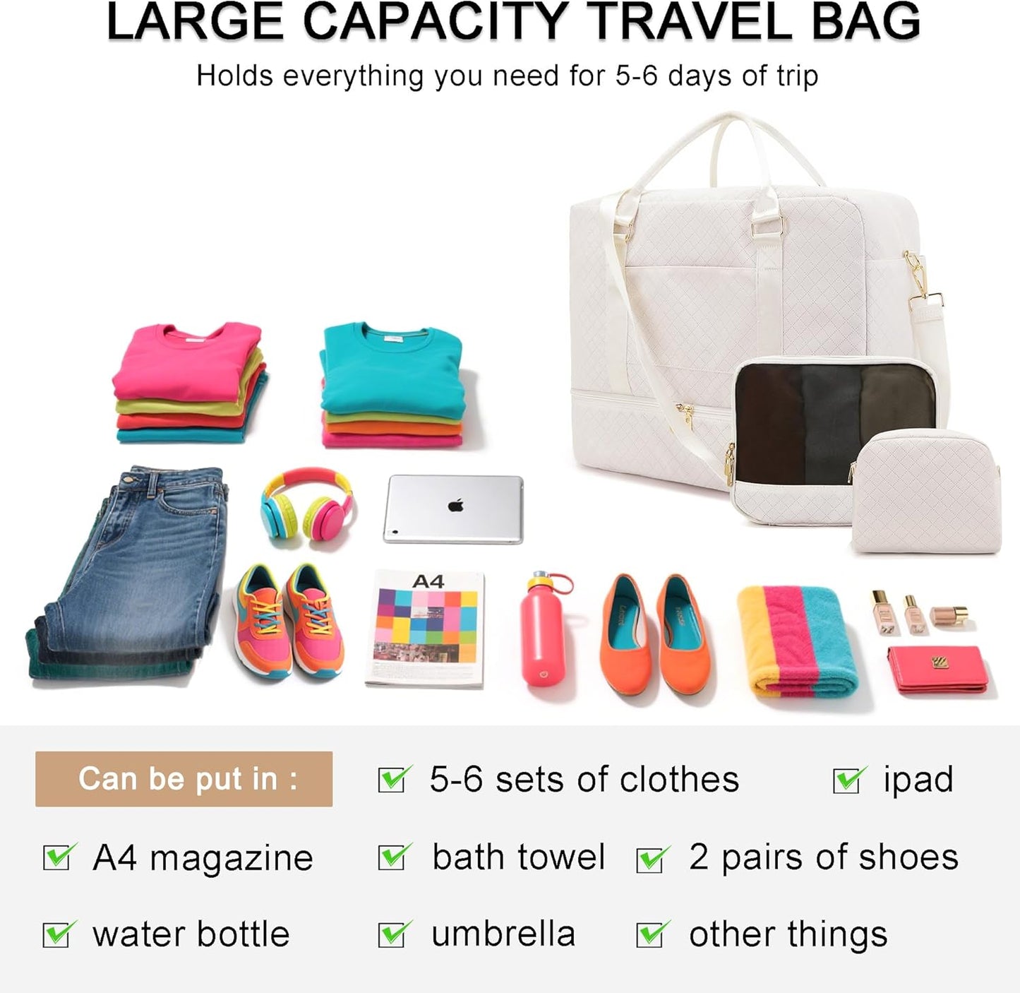 Soperwillton Women Travel Duffel Bags Carry On Overnight Bag with Shoe Compartment & Toiletry Pouch Gym Bag with Wet Pocket