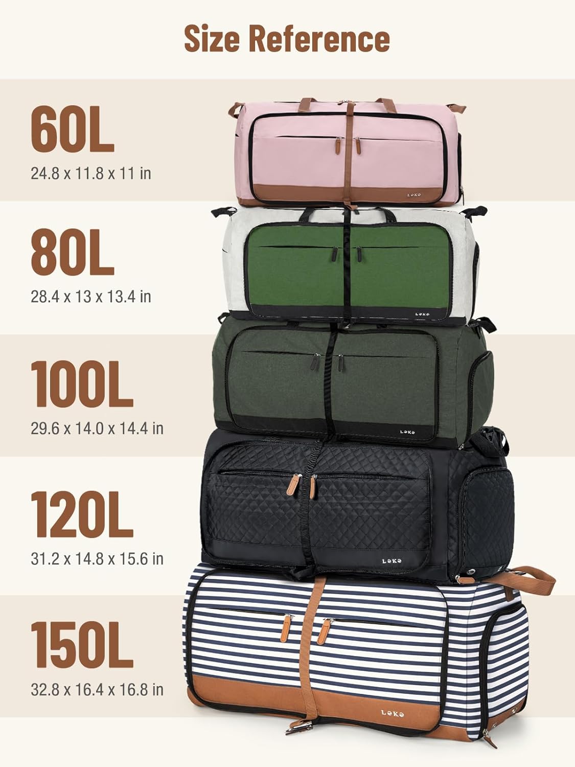 Lekesky Foldable Travel Duffle Bag for Women, Large Duffel Bag with Separate Shoes Compartments & Straps, Carry On Weekend Bag for Women, Hospital, Overnight (Green & Camel, 80L)