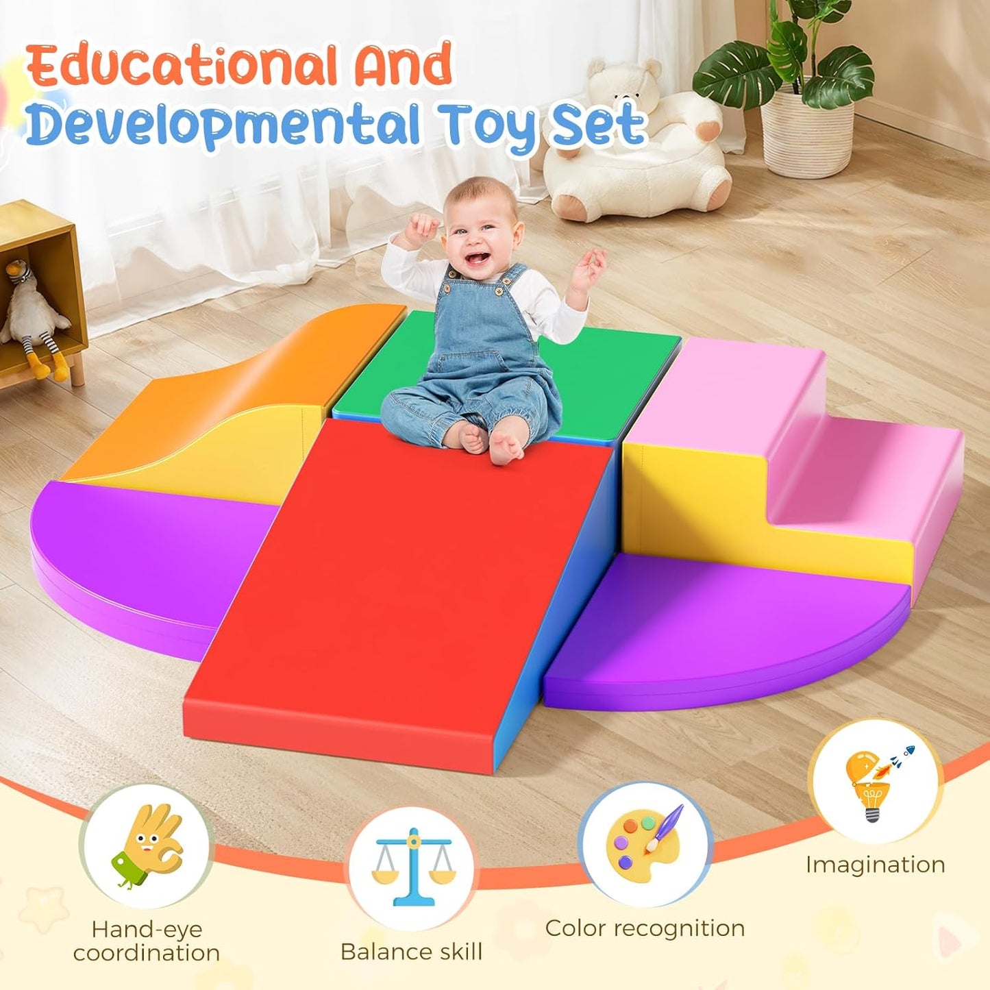 Lischwert Foam Climbing Blocks for Toddlers, Baby Climbing Blocks Soft Play Climbing for Toddlers with Foldable Block and Tunnel Indoor Climbing Toys for Toddler 1-3, 6 Pieces