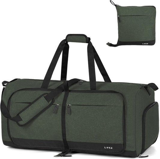 Lekesky Foldable Travel Duffel Bag for Women, 80L Large Duffle Bag with Separate Shoes Compartments & Straps, Carry On Weekend Bag for Women, Hospital, Overnight(Green)