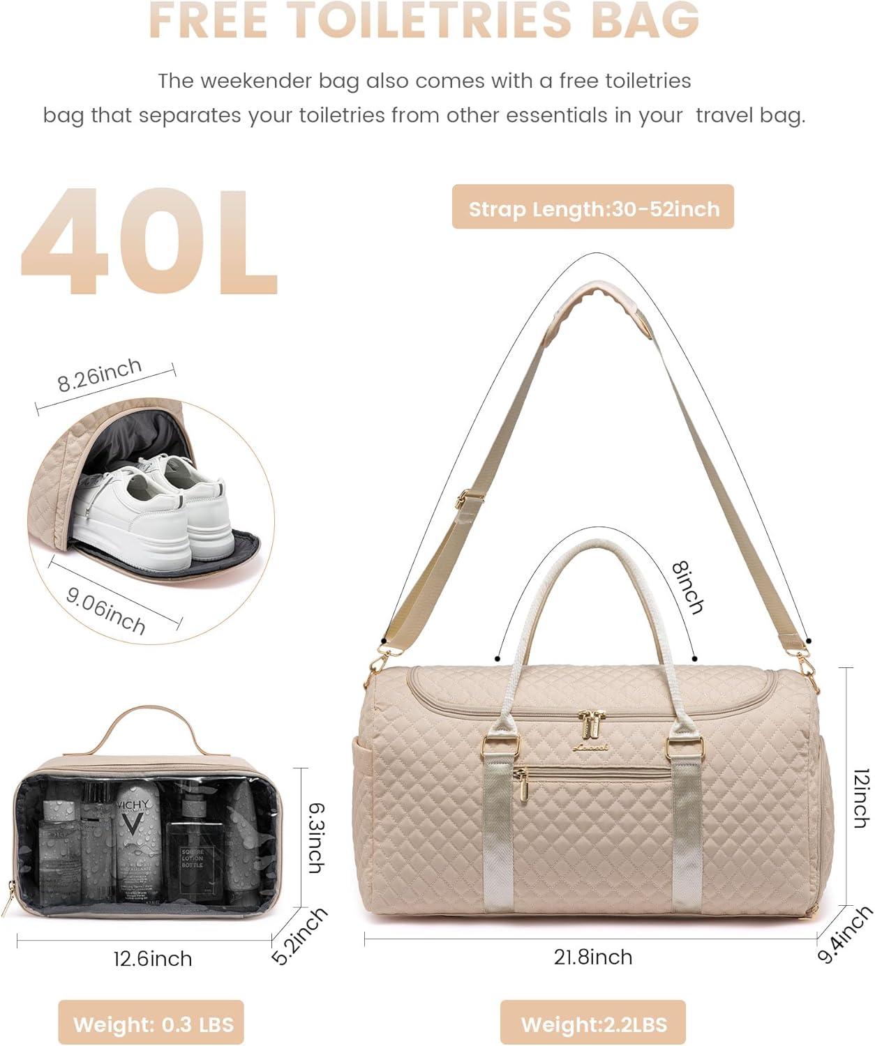 LOVEVOOK Travel Duffle Bag, 40L Weekender Overnight Bag with Toiletry, Quilted Carry On Bags with Shoe Compartment, Gym Duffel with Wet Pocket for Women, Hospital Bags for Labor and Delivery