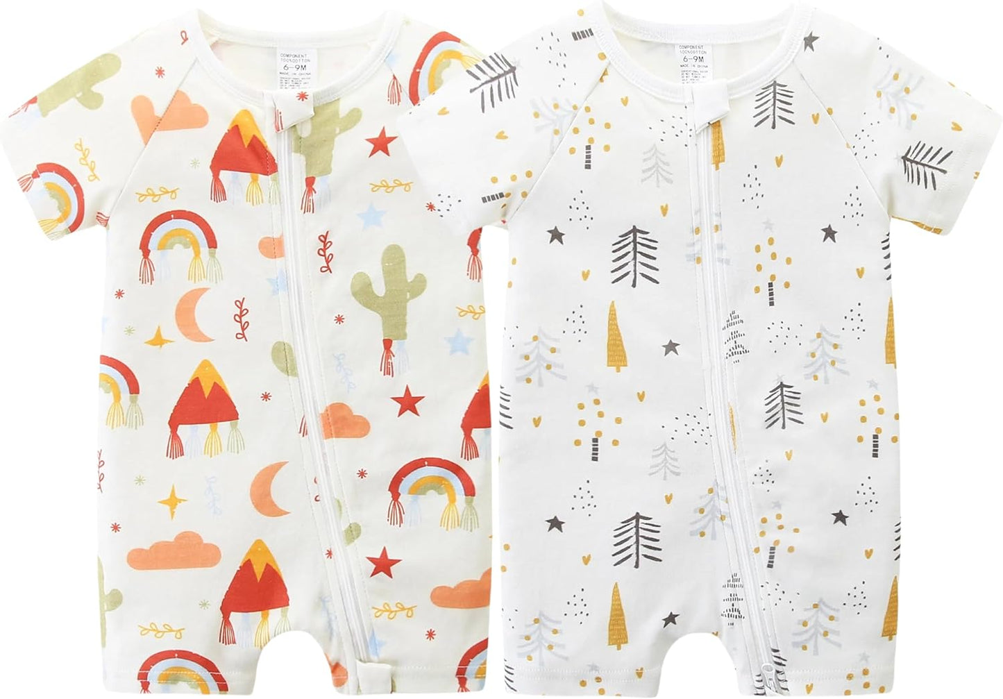 Unisex Summer Trendy 2-Pack Rompers Short Sleeve Zipped Bodysuit Infant Cotton Outfits