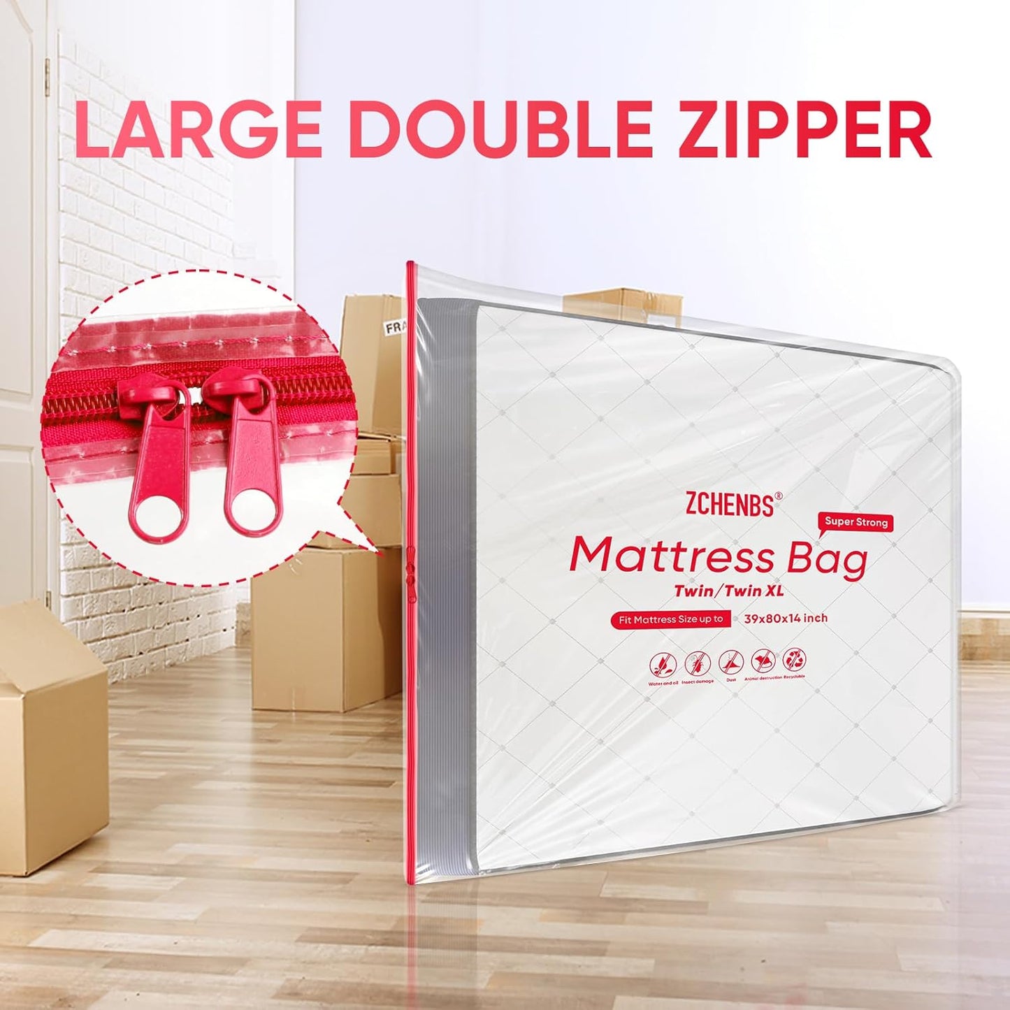 ZCHENBS® – Mattress Bags for Moving and Storage,Mattress Bag with Zippers,5 Mil Ultra-Thick Bed Bag,Waterproof,Anti-Tear,Heavy-Duty Mattress bag (Transaparent/Red, Twin/Twin XL-(1 Pack))