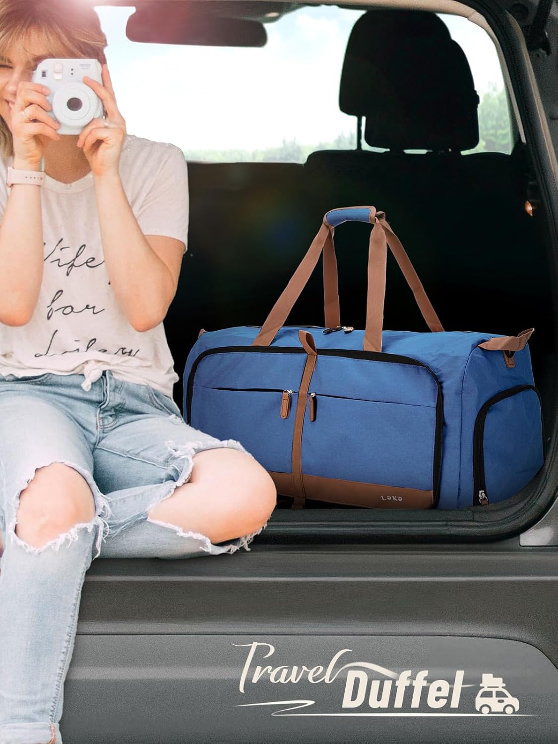 Lekesky Foldable Travel Duffel Bag for Women, 80L Large Duffle Bag with Separate Shoes Compartments & Straps, Carry On Weekend Bag for Women, Hospital, Overnight(Navy Blue)