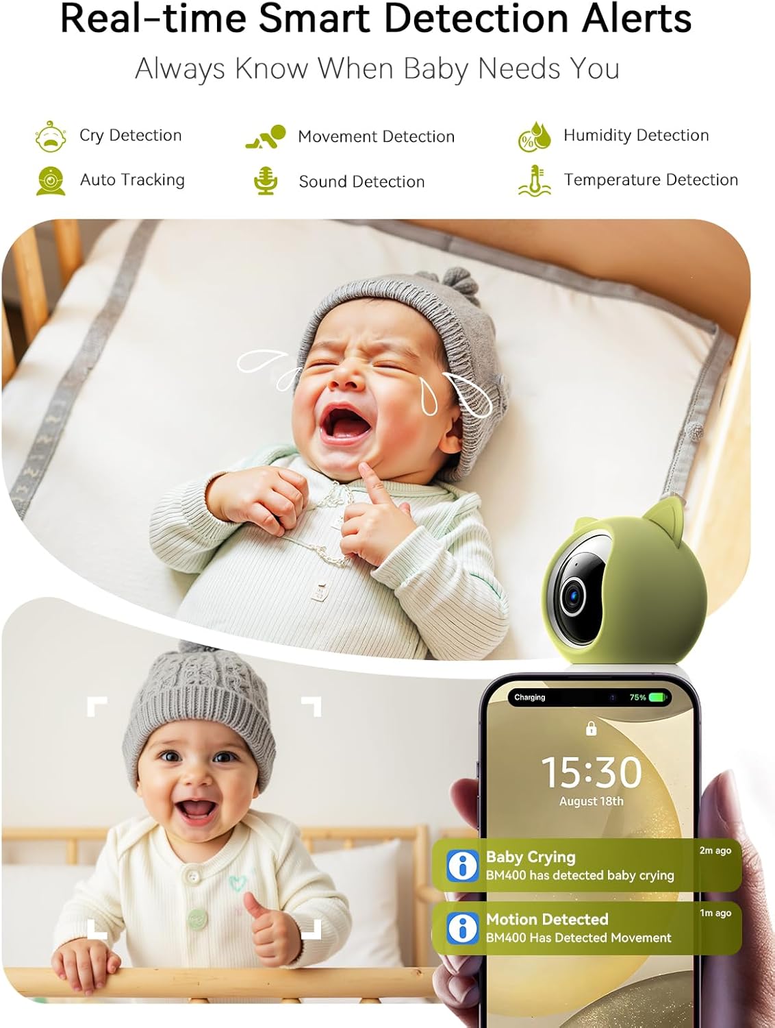 Outinput Smart WiFi Baby Monitor 2K 4MP, PTZ Indoor Cam for Nursery, Crying/Feed/Temp/Humidity Alerts, Night Vision w/Gentle Light, Soothing Lullabies for Baby Sleep, App Control, Cloud&Local Storage