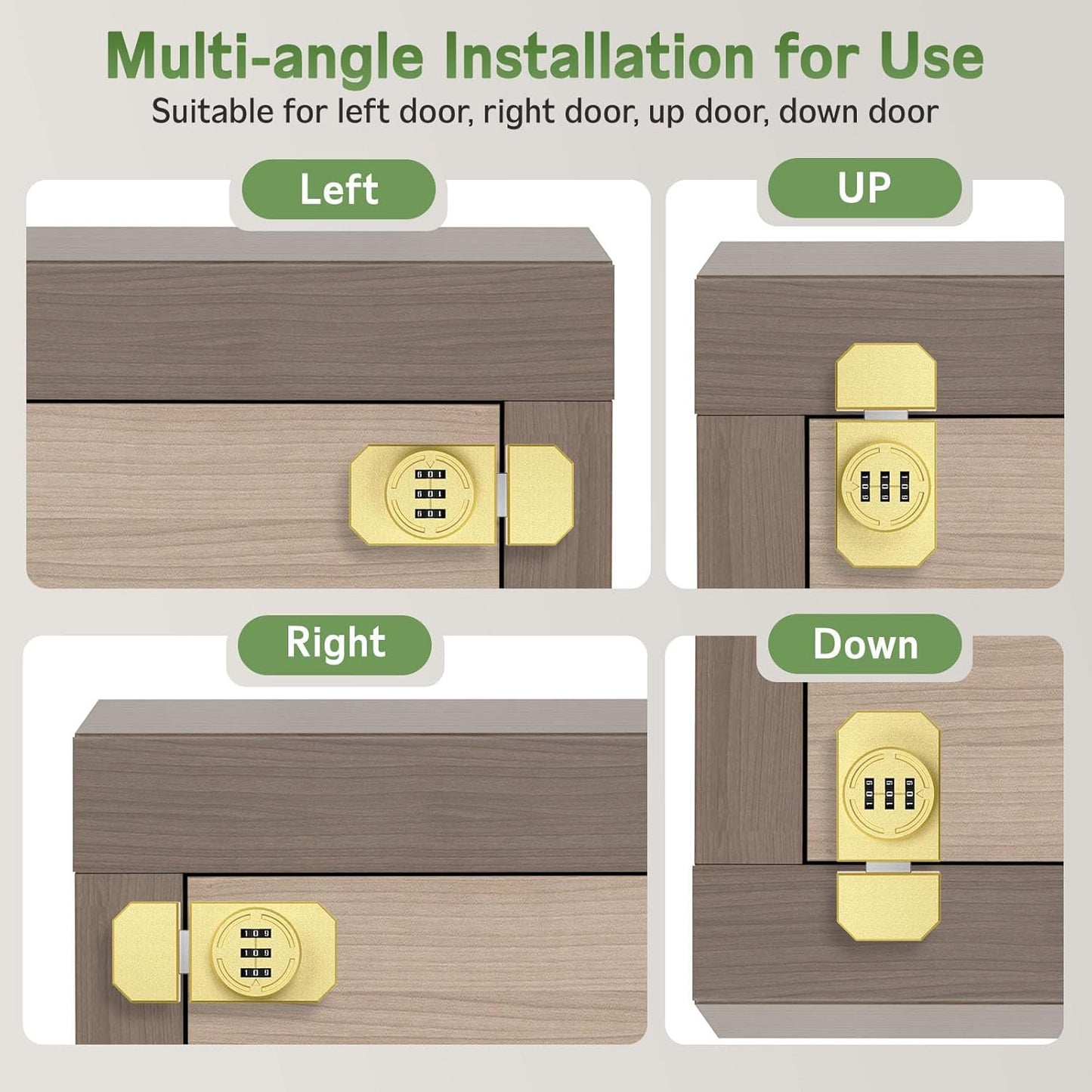 Keyless 3-Digit Combination Lock, Mechanical Stick-on Drawer Latch, Security Adhesive Cabinet Lock for Closet & Barn One-Way Doors (1, Gold)