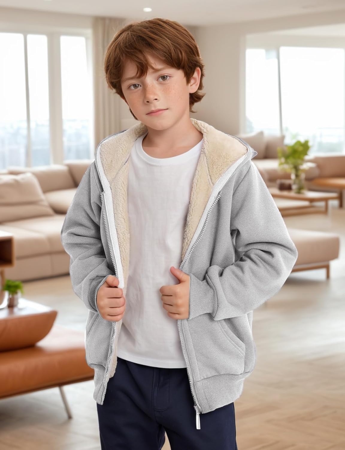 Gihuo Unisex Boy's Girls Winter Warm Sherpa Lined Zip Up Sweatshirt Fleece Jacket Kid's Hoodie Outerwear