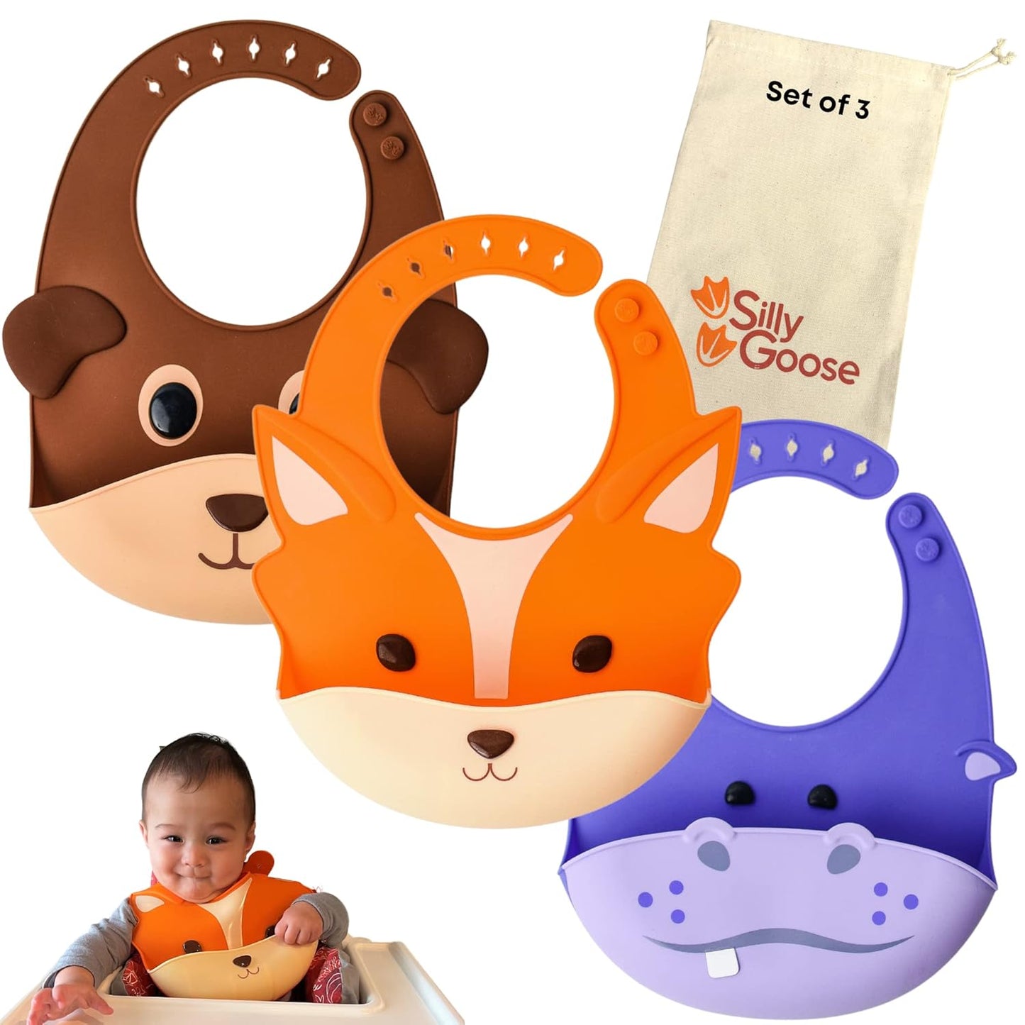 Silly Goose Set of 3 Silicone Animal Baby Bibs for Babies and Toddlers, Waterproof, Adjustable, Soft, Extra Wide Food Catcher Pocket (3PK Fox+Bear+Hippo)